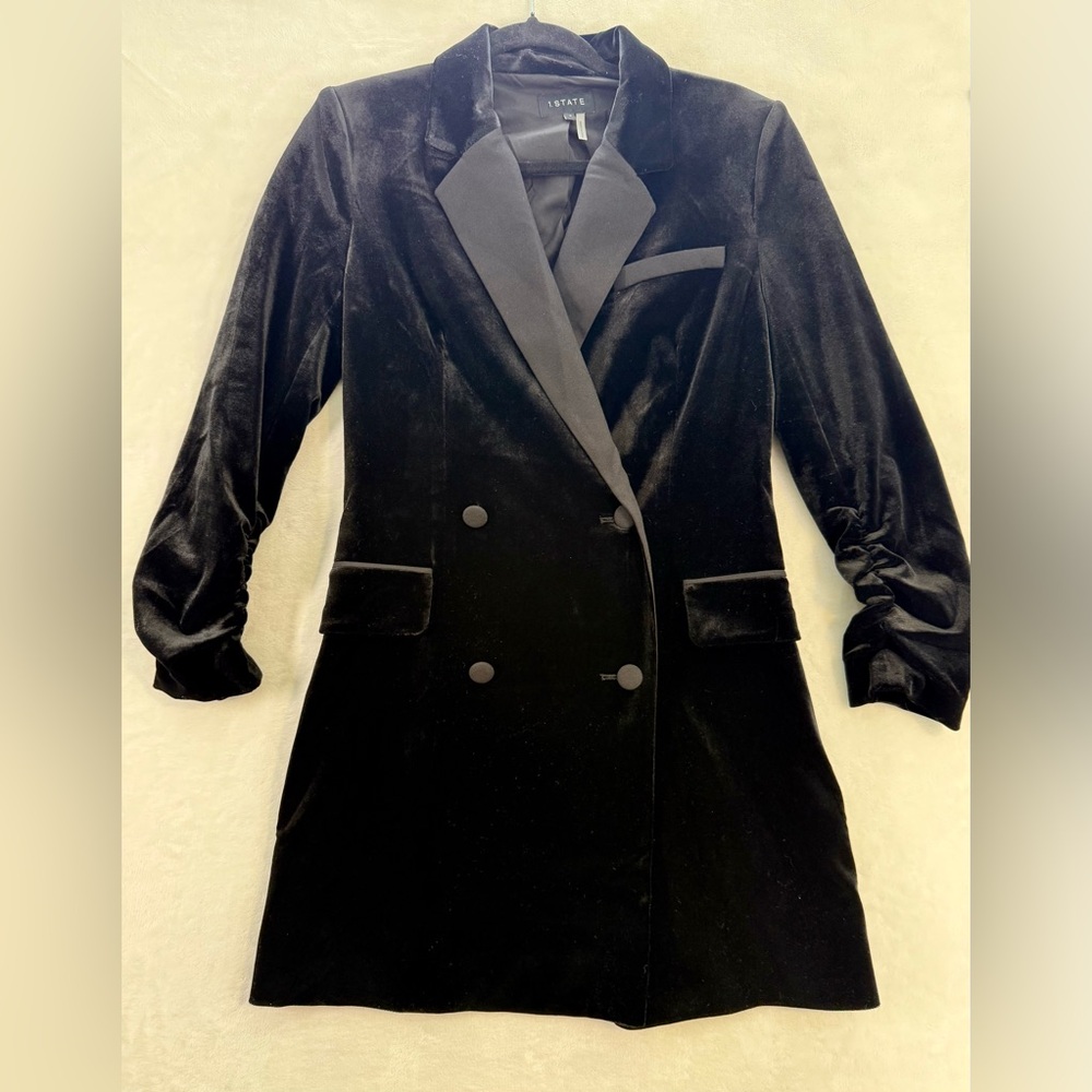 1. STATE Velvet Blazer Dress Womens Size 4 Black Ruched Sleeve Double Breasted